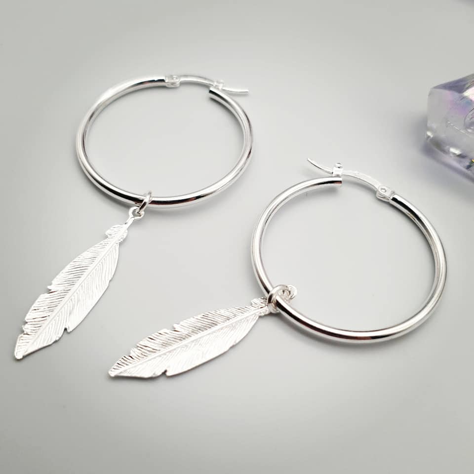925 Sterling Silver Feather Hoop Earrings