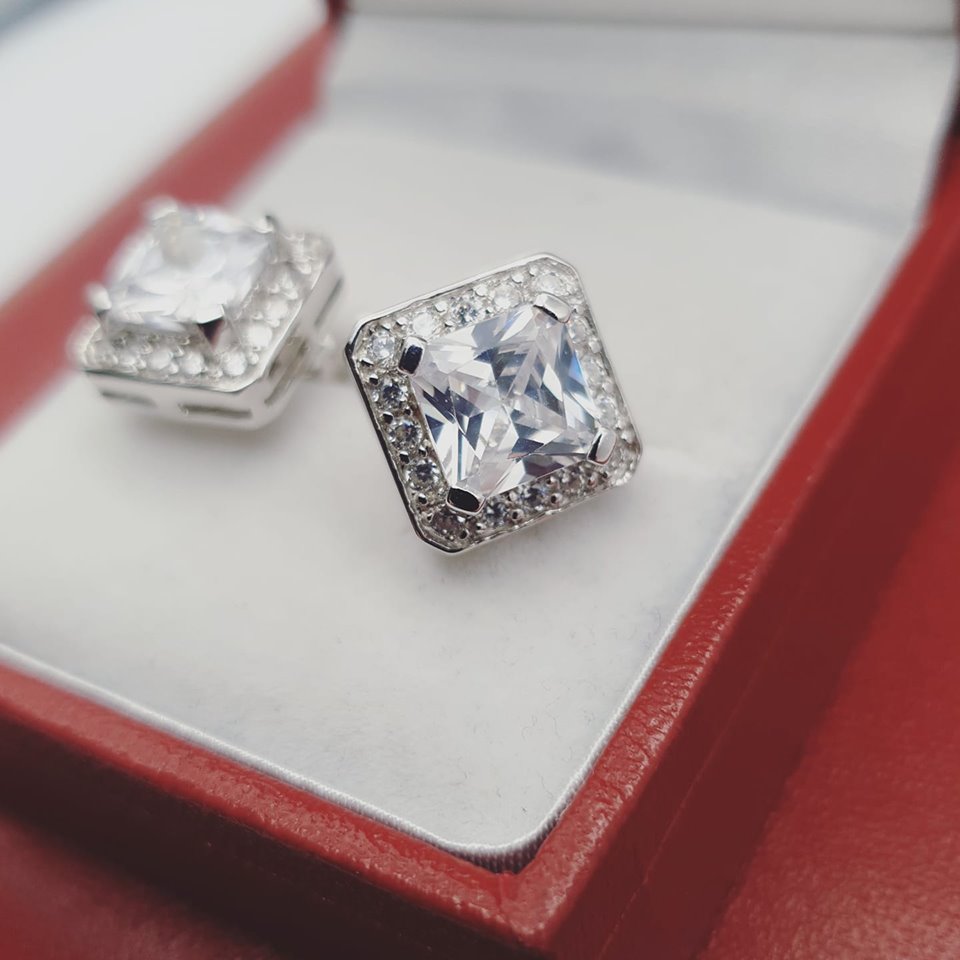 925 Sterling Silver Cushion Cut Cubic Zirconia Stud Earrings