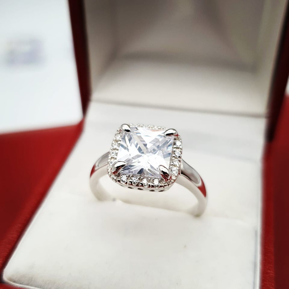 925 Sterling Silver Asscher Cut with Cz Surrounding Ring