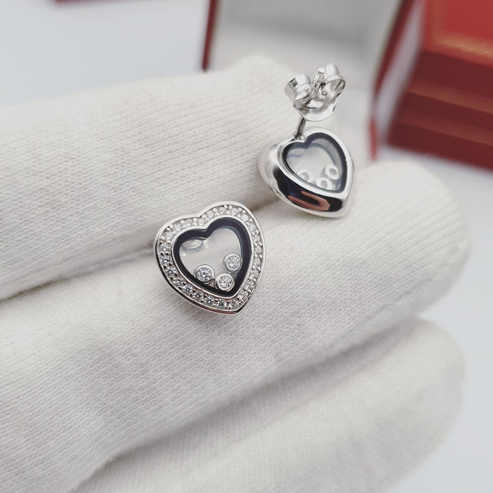 925 Sterling Silver Floating Cubic Zirconia Heart Stud Earrings