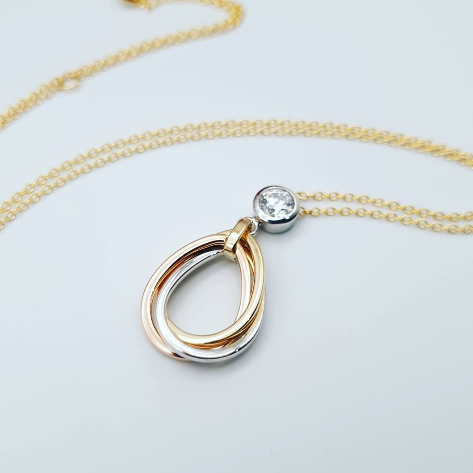 9ct Yellow, White & Rose Gold Tear Drop Tubes Pendant on 18" Chain