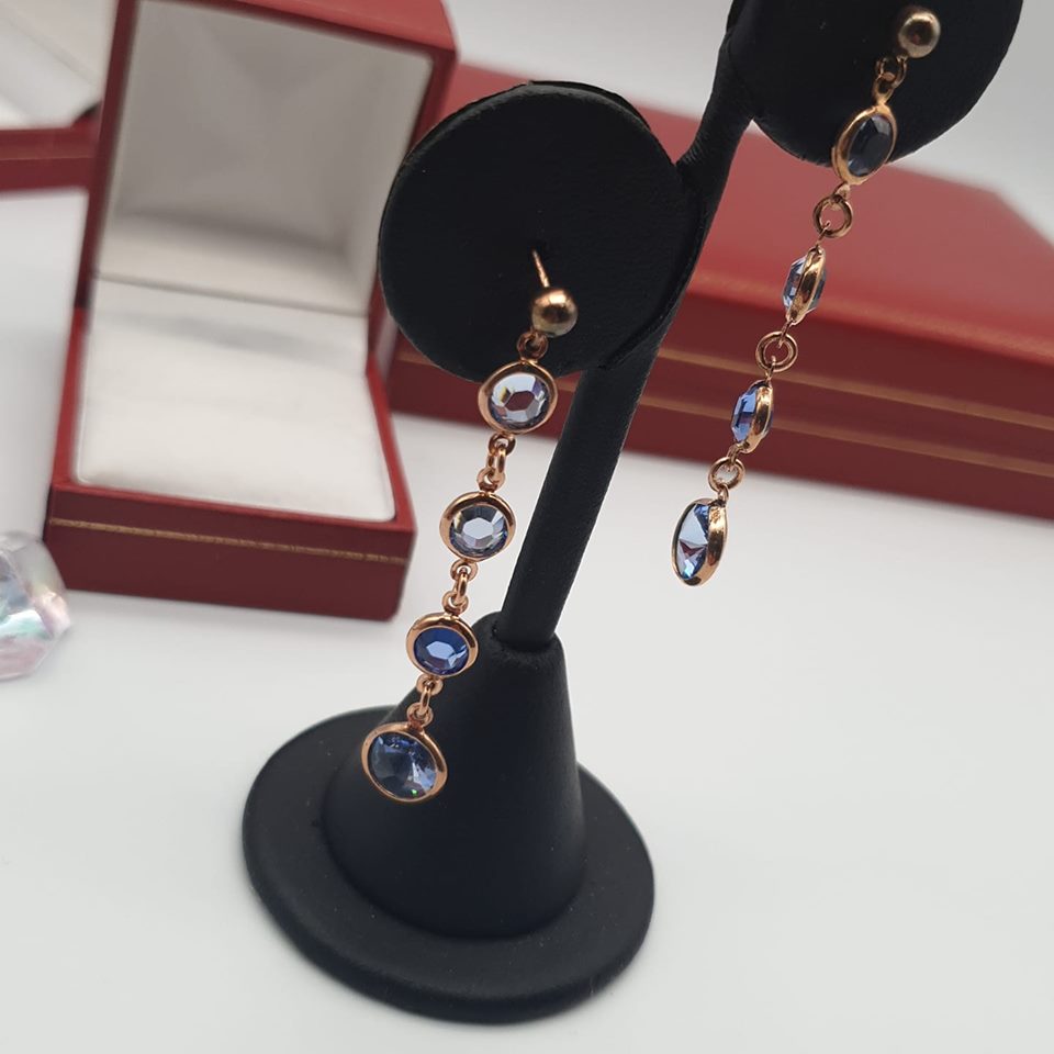 925 Sterling Silver Blue Stones, Rose Plated Drop Earrings J-Jaz