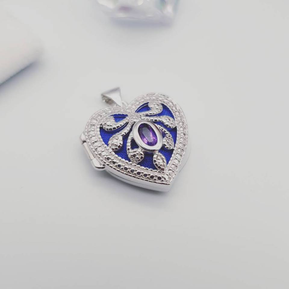 925 Sterling Silver Heart Locket with Amethyst and Chain
