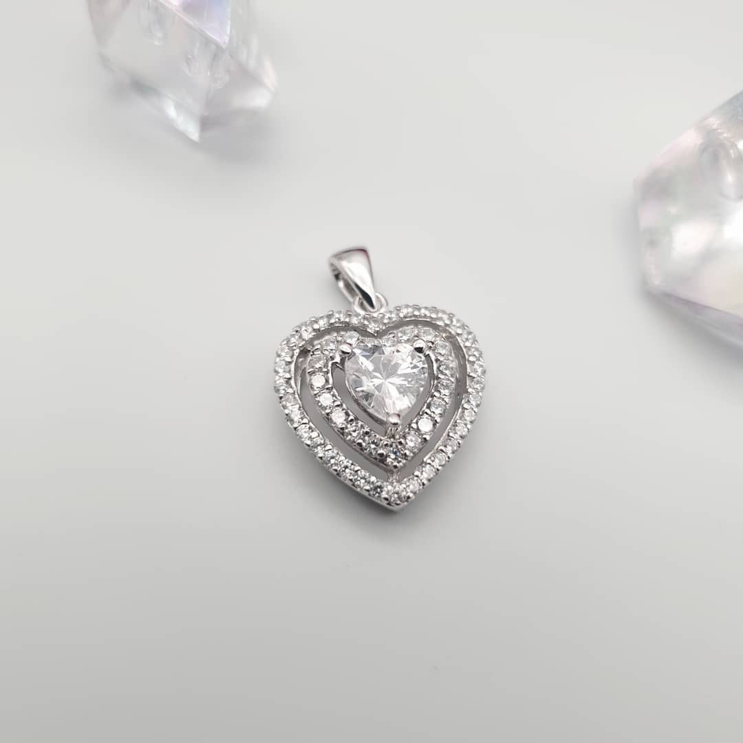 925 Sterling Silver Heart Cz with Two Row of Cz's Pendant with Chain