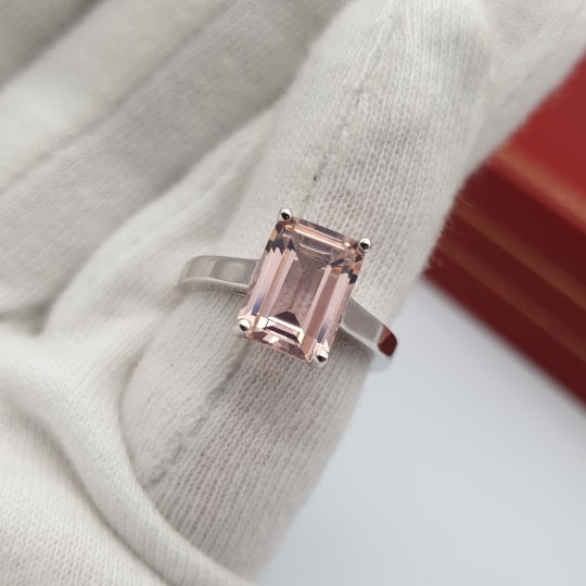 925 Sterling Silver Morganite Cz Emerald Cut Solitaire Ring
