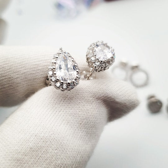 925 Sterling Silver Pear Cut Cubic Zirconia Cluster Stud Earrings