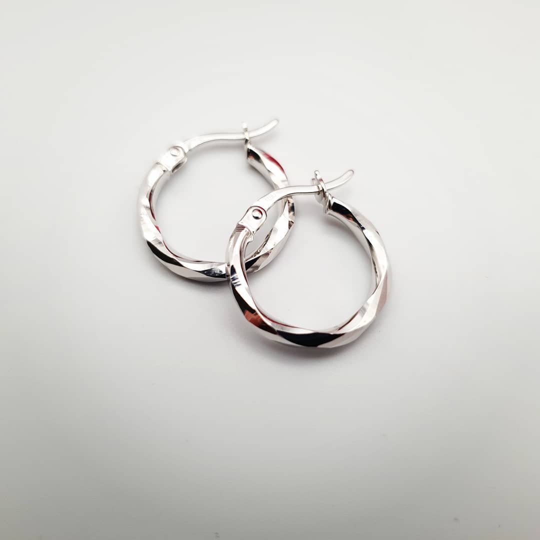9ct White Gold 16mm Faceted Hoop Earrings