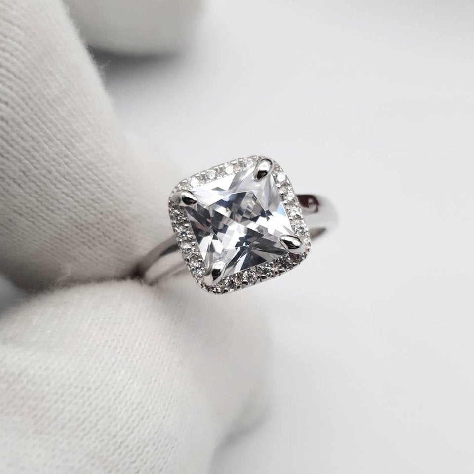 925 Sterling Silver Asscher Cut with Cz Surrounding Ring