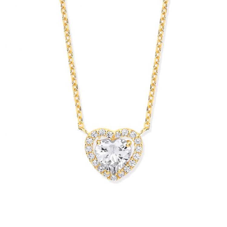 9ct Yellow Gold Heart Halo Style Cubic Zirconia Pendant on 18" Chain