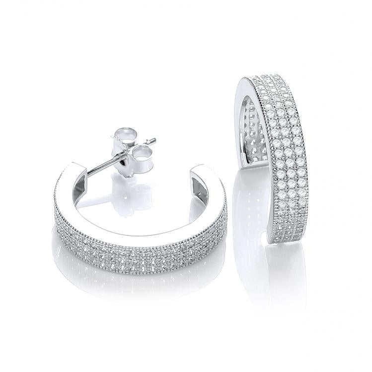 925 Sterling Silver Micro Pave' Square Cz Half Tube Hoop Earrings J-Jaz