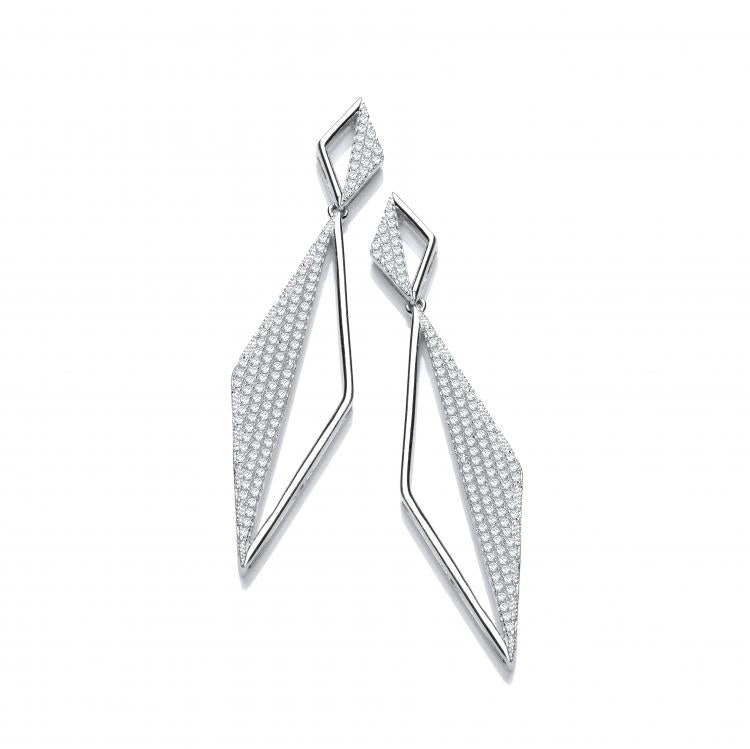 925 Sterling Silver Long Triangle Pave' Cz Drop Silver Earrings J-Jaz