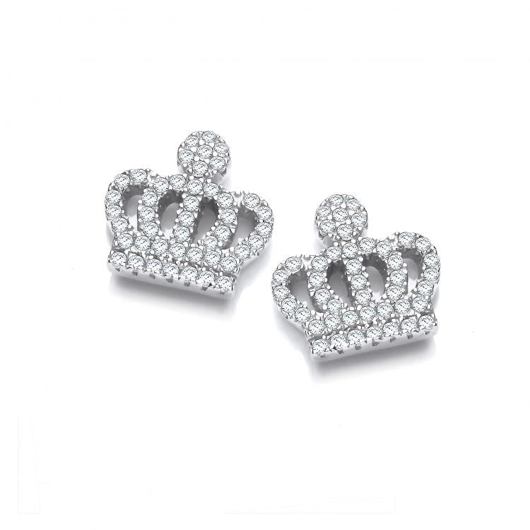 925 Sterling Silver Micro Pave Cz Crown Stud Silver Earrings J-Jaz