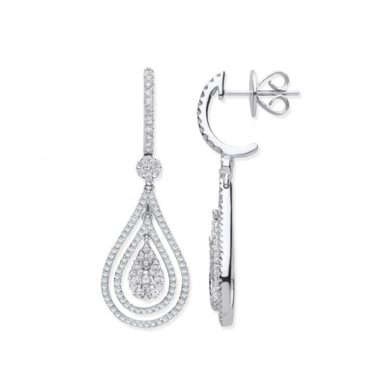 18ct White Gold 1.17ct Diamond Fancy Pear Shaped Grain Set Drop Earrings