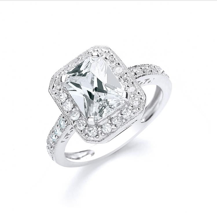 925 Sterling Silver Emerald Cut with Cz Surrounding & Shoulders Ring
