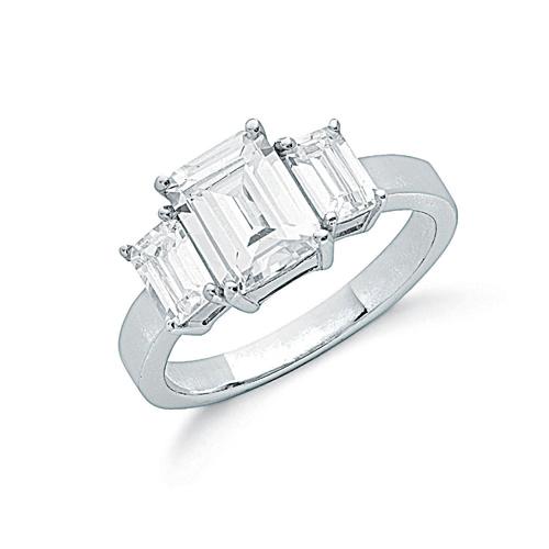 925 Sterling Silver Claw Set Emerald Cut Cz Trilogy Ring