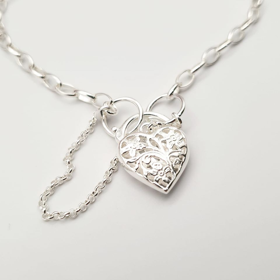 925 Sterling Silver Padlock Charm Open Link Bracelet