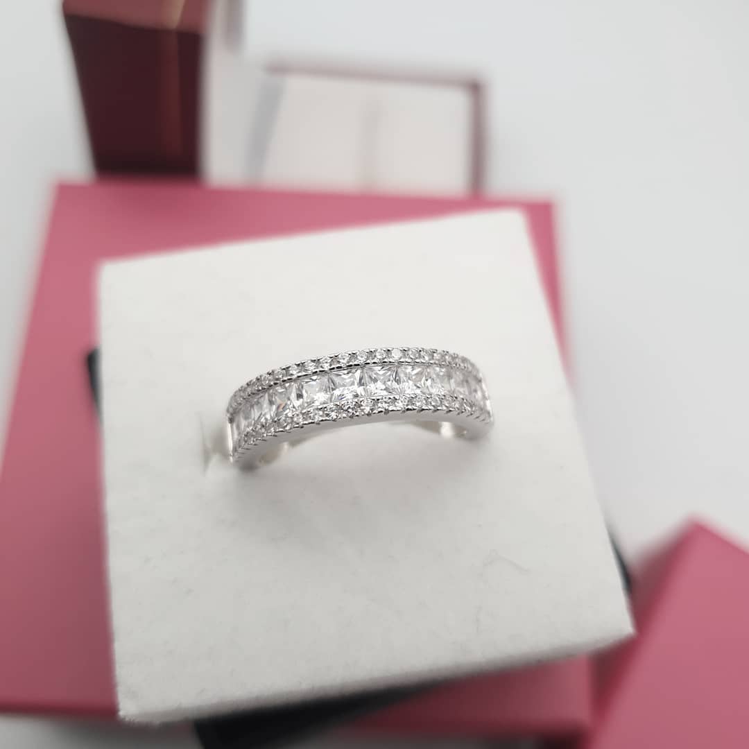 925 Sterling Silver Princess Cut & Round CZs Half ET Ring