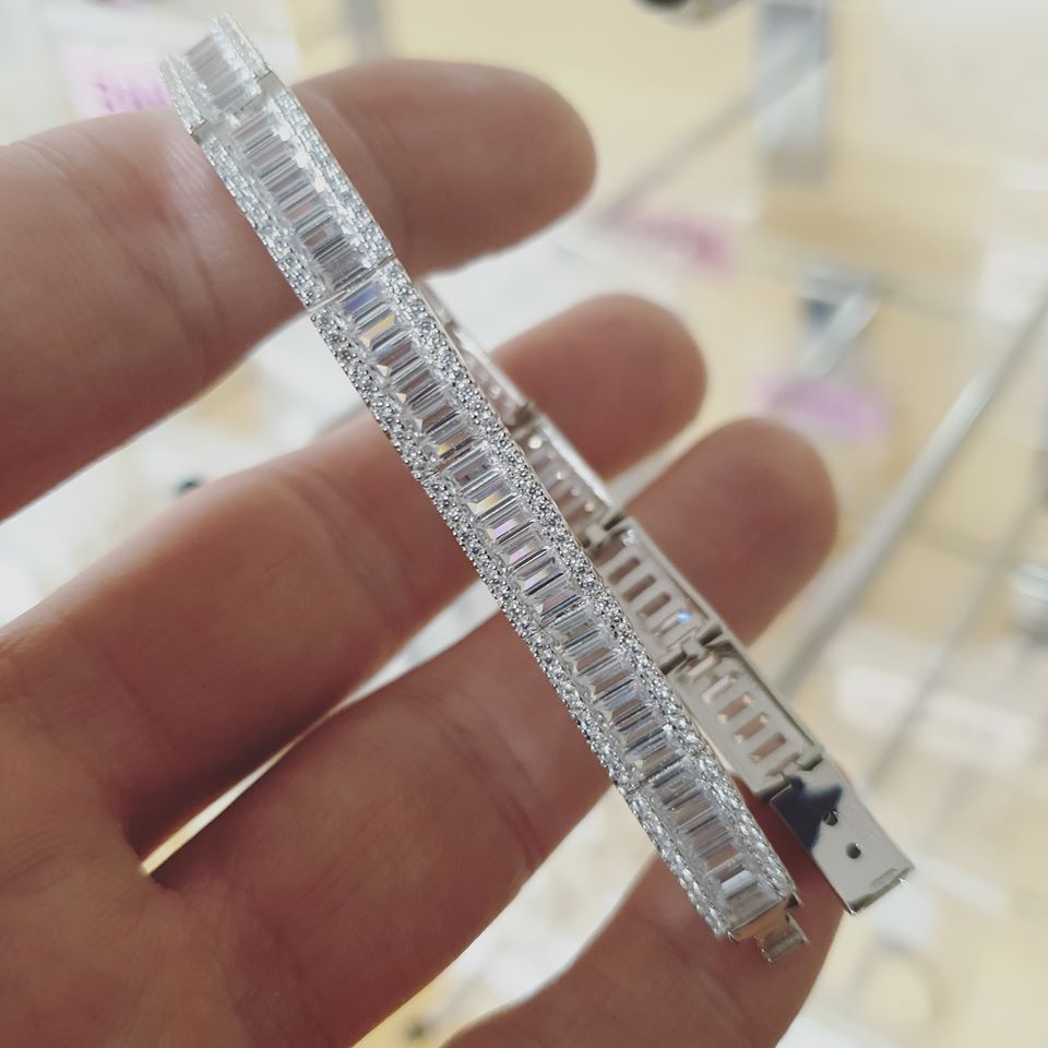 925 Sterling Silver Baguette & Round CZs Ladies Bracelet