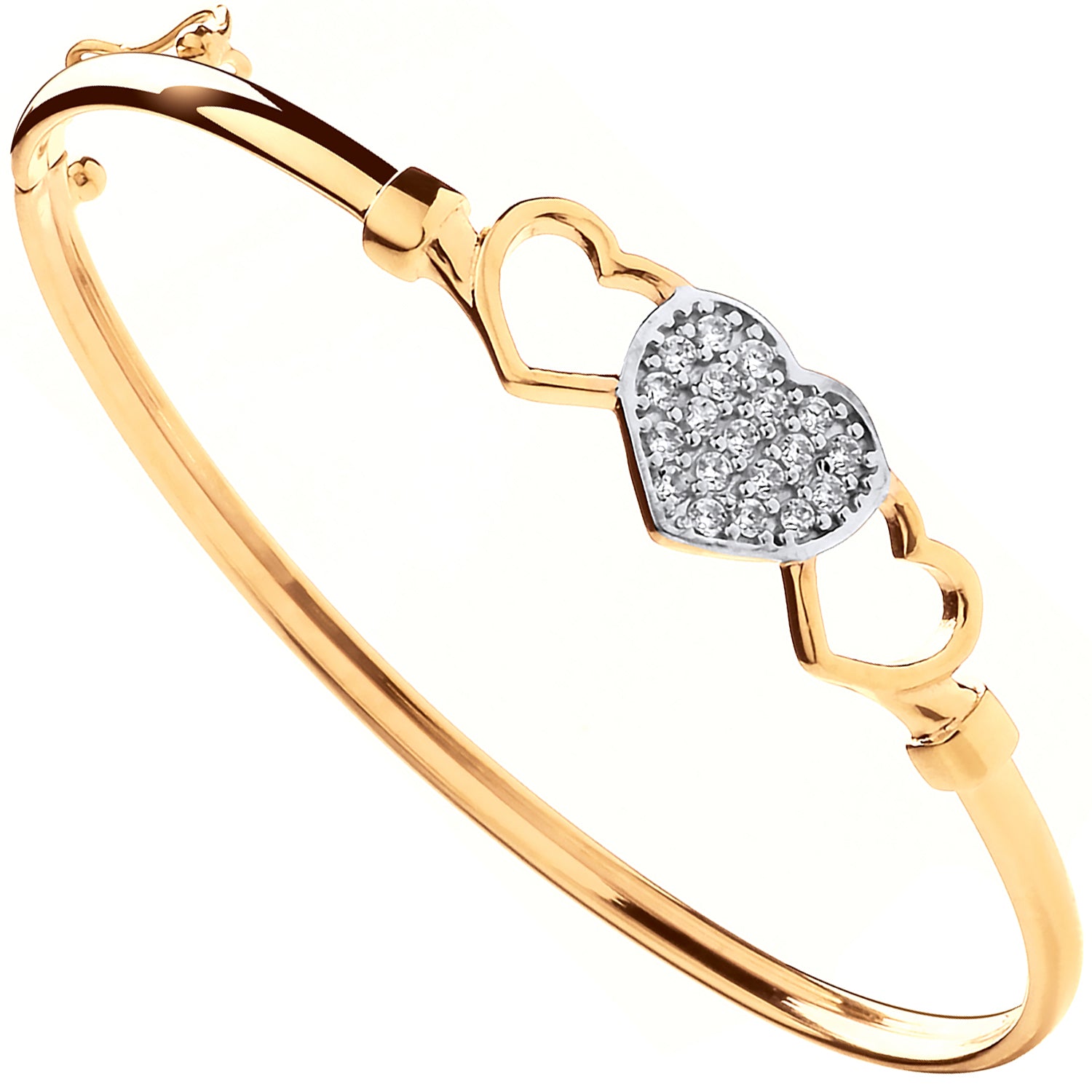9ct Yellow Gold Three Hearts, Cubic Zirconia Childs Bangle