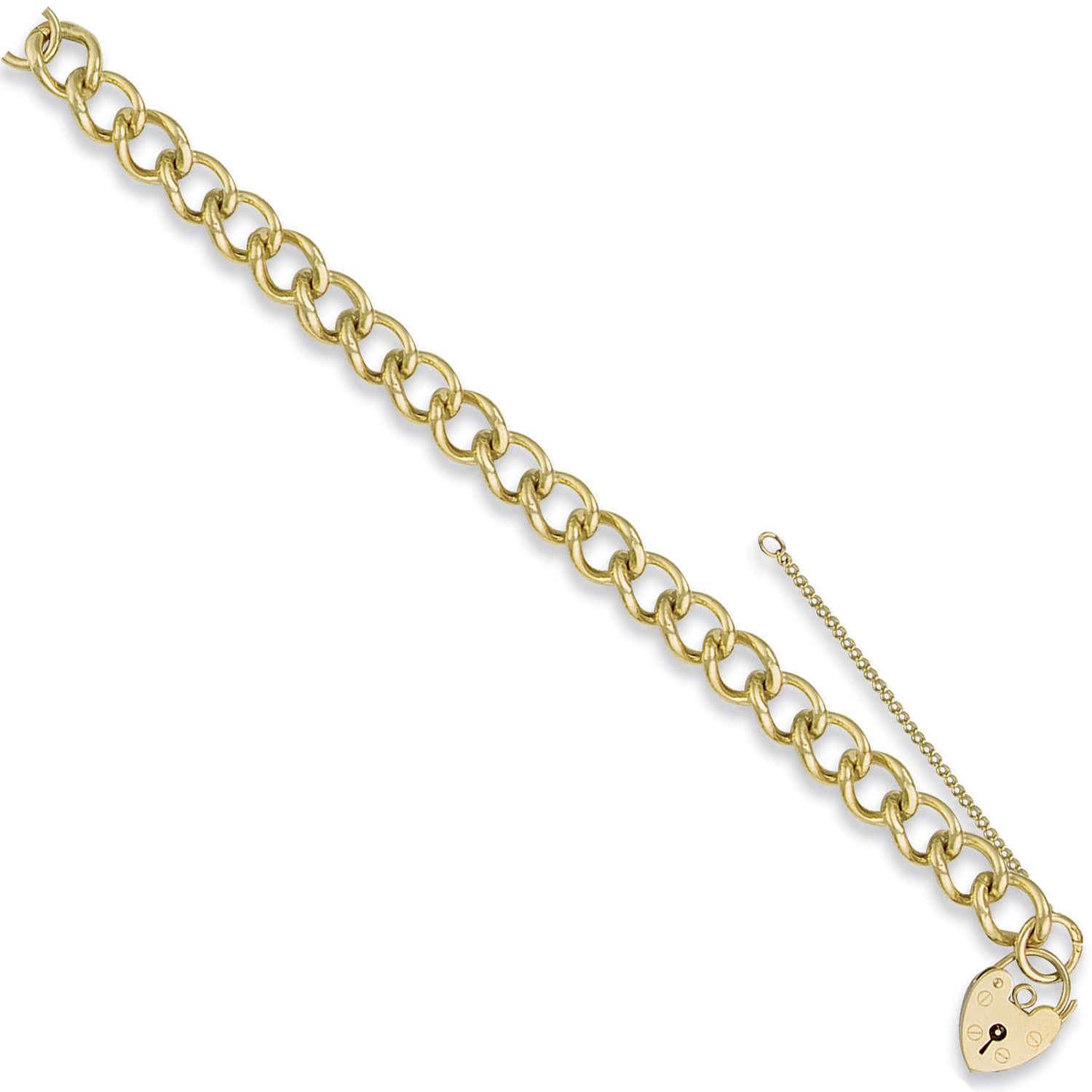 9ct Yellow Gold 9.7mm Open Curb & Padlock 7" Charm Bracelet