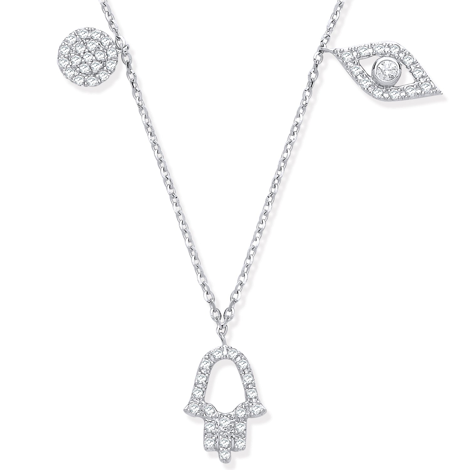 9ct White Gold 0.22ct Diamond Evil Eye, Hamza & Circle Pendant Chain
