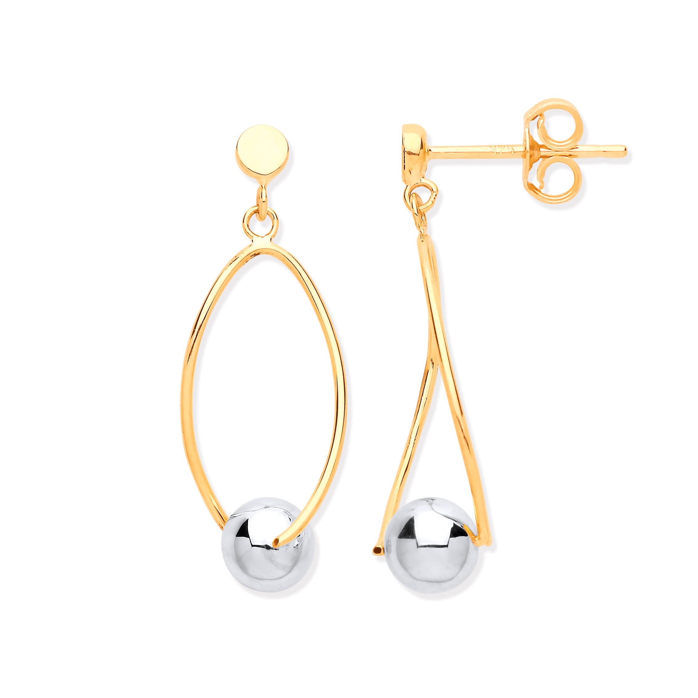 9ct Yellow Gold Thin Wire Drop with White Gold Ball Earrings