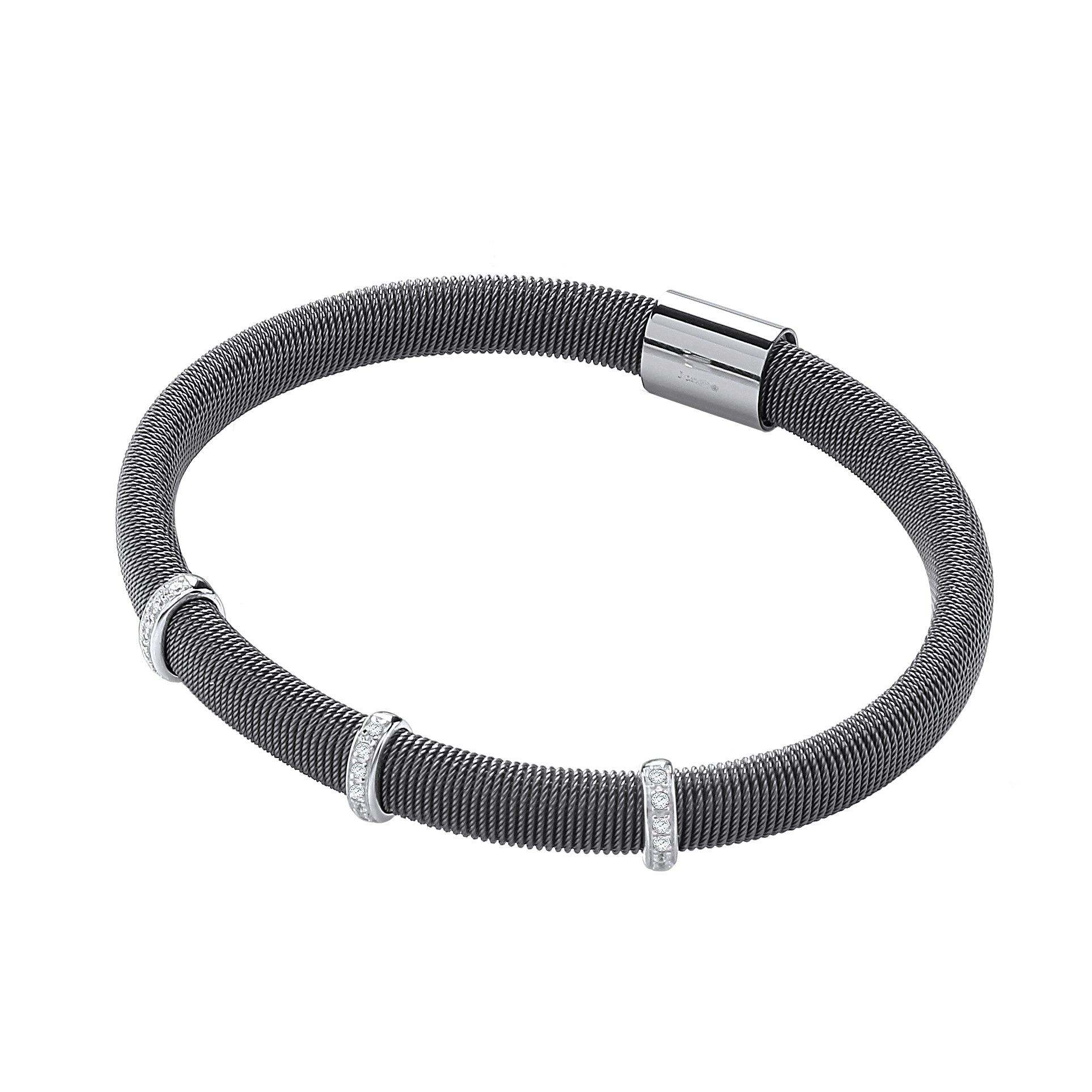 925 Sterling Sterling Ruthenium Magnetic Bangle with Three Rows of Cz's J-Jaz