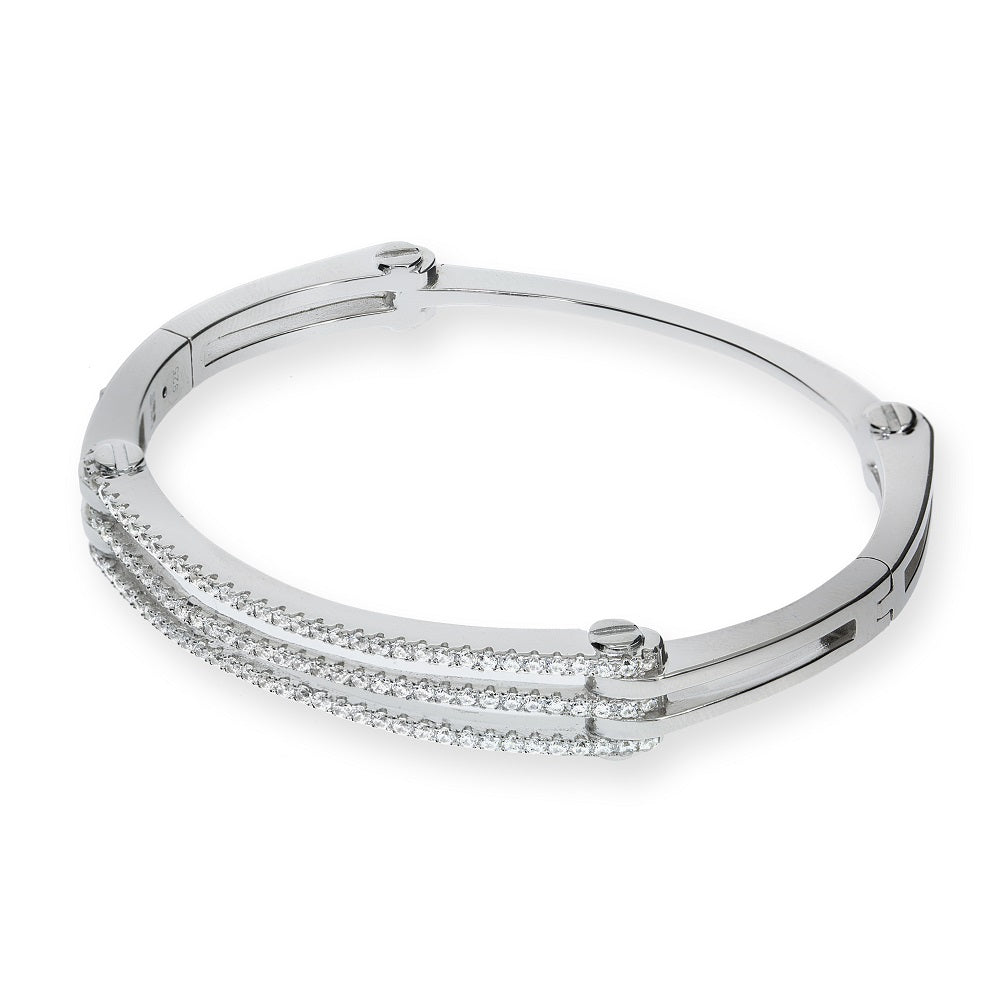 925 Sterling Silver Micro Pave Cz Hinged Silver Bangle J-Jaz