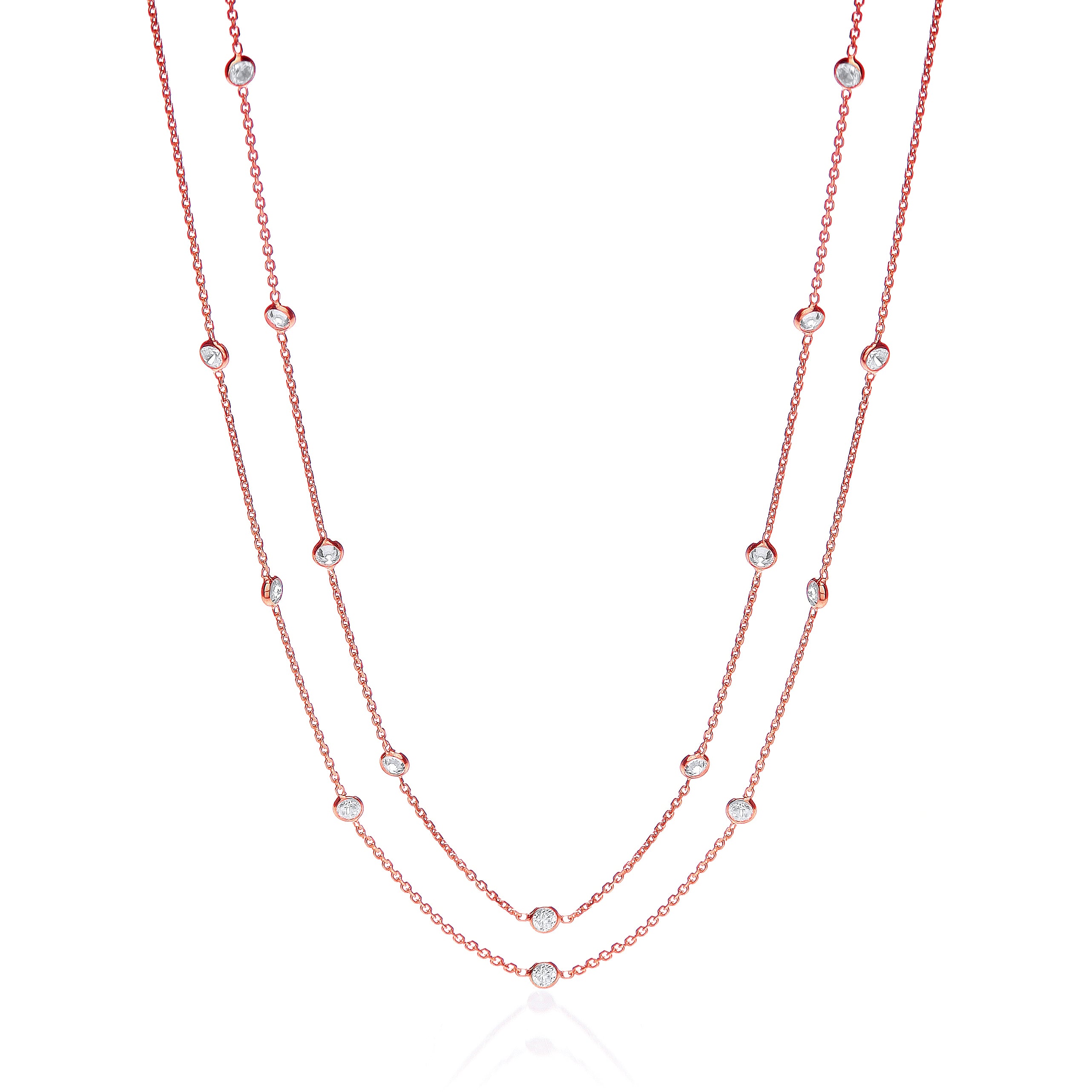 925 Sterling Silver Rose Coated Rubover 23 Cz's Necklace 38" J-Jaz