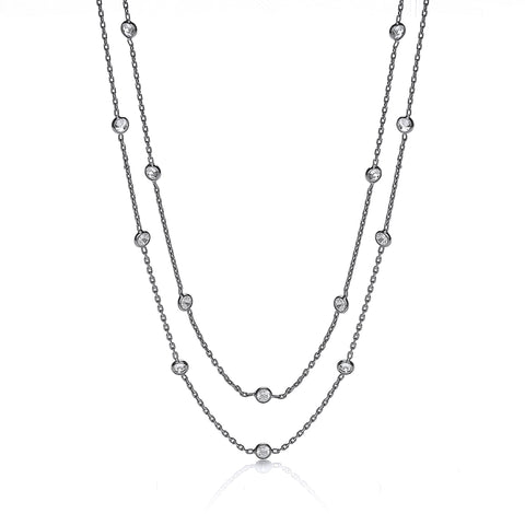 J-JAZ 925 Sterling Silver Ruthenium Coated Rubover 23 Cz's Necklace 38"