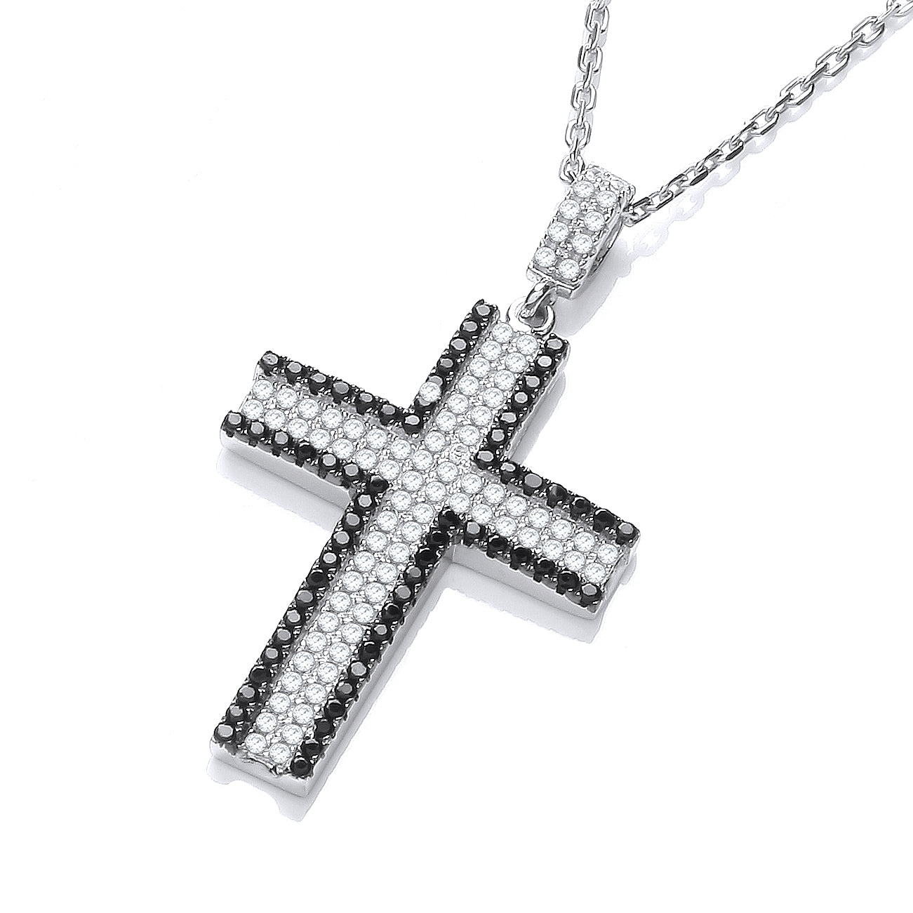 925 Sterling Silver Micro Pave' Black and Clear CZ Cross with 18" Chain J-Jaz
