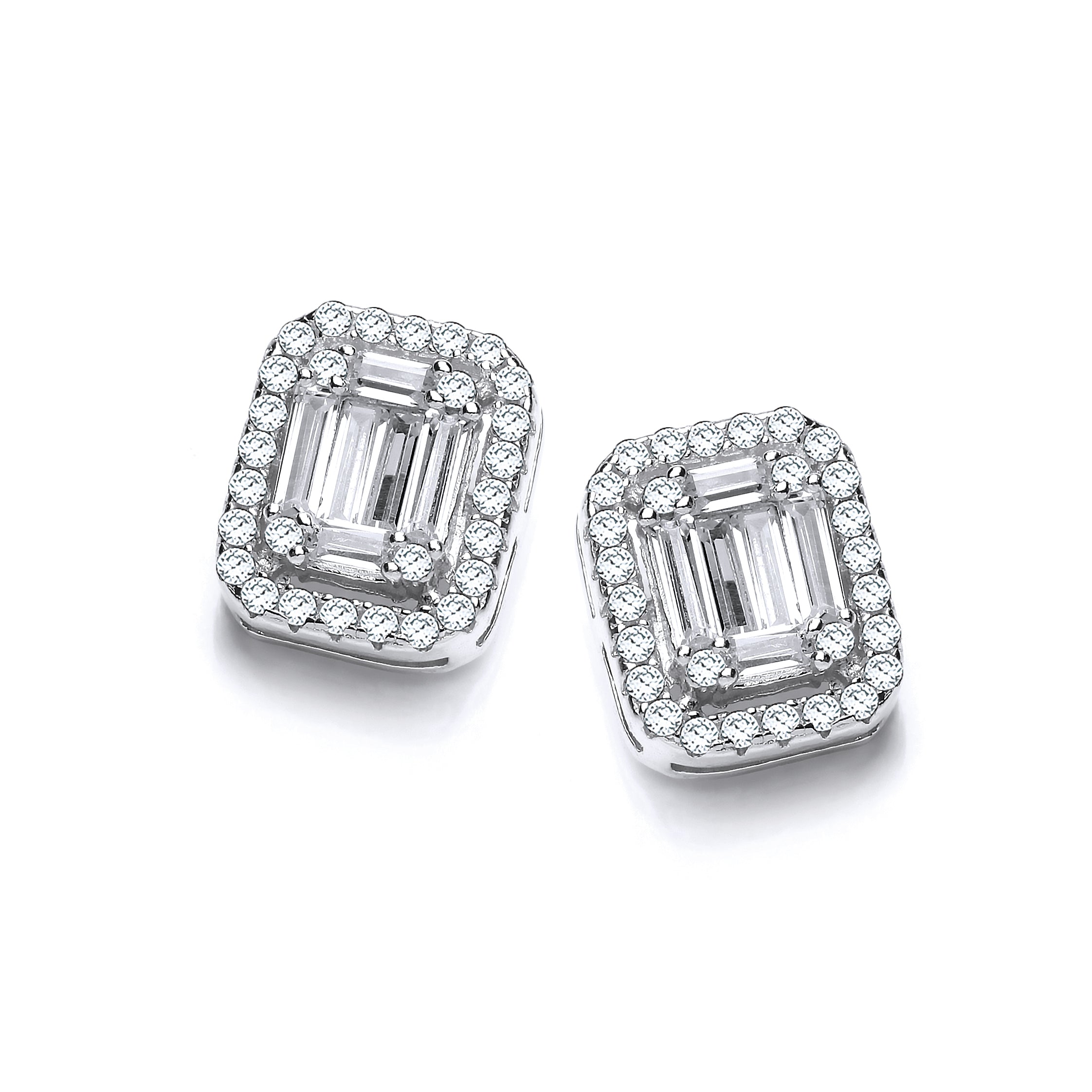 925 Sterling Silver Emerald Cut CZ & Baguettes Stud Earrings J-Jaz