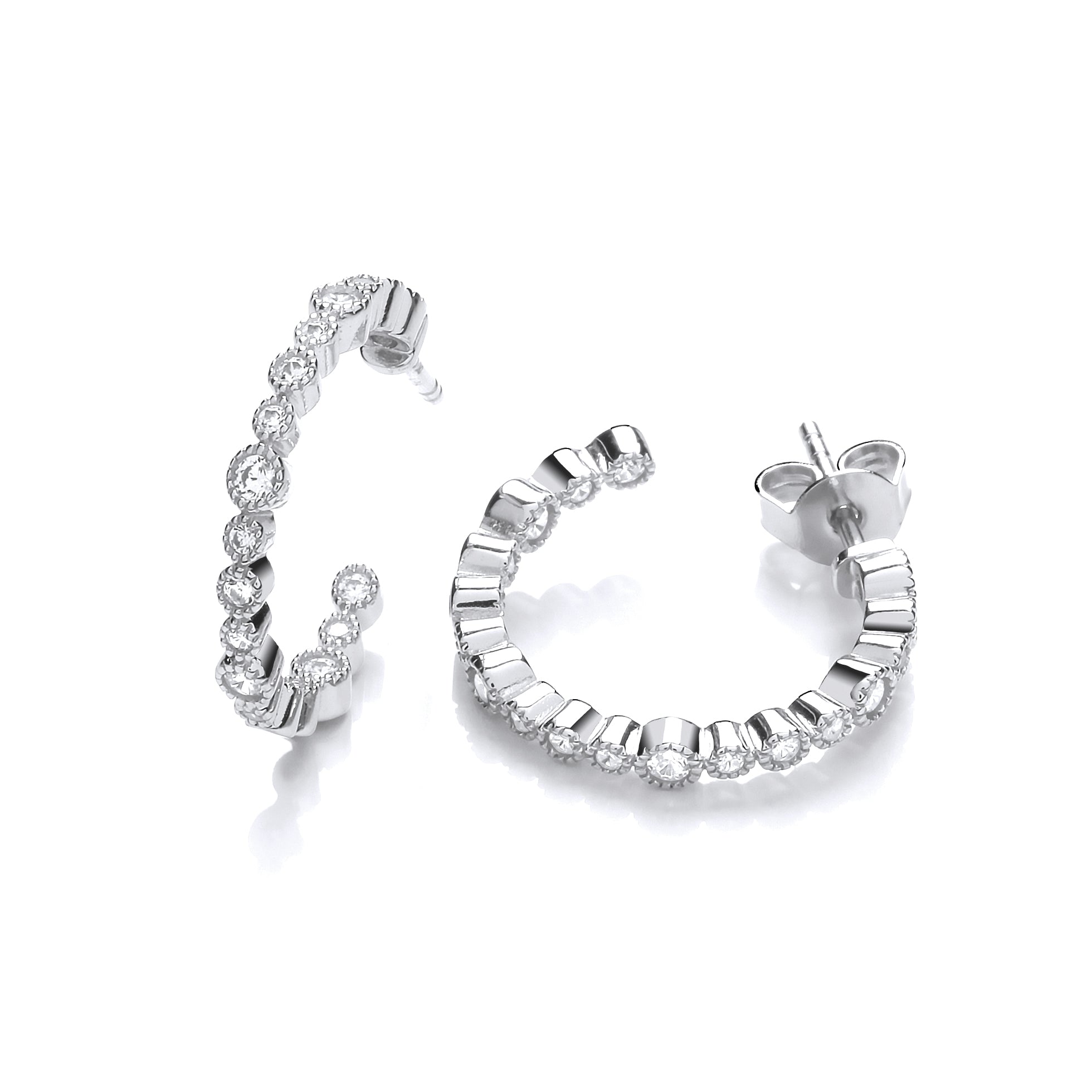 925 Sterling Silver Mill Grain Edge Rubover set CZs Hoop Earrings J-Jaz