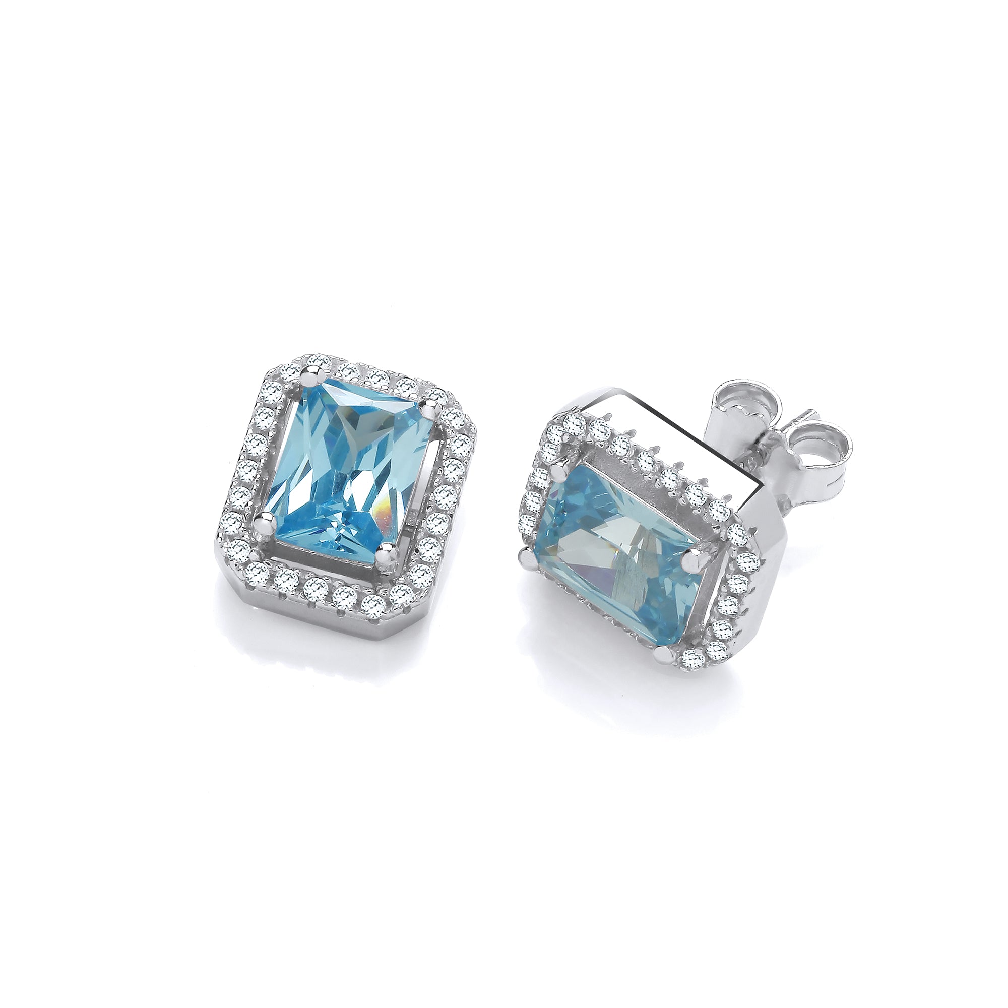 925 Sterling Silver Blue Cubic Zirconia Halo Stud Earrings J-Jaz