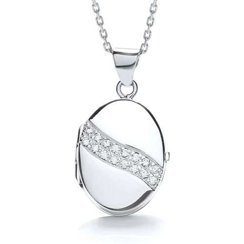 925 Sterling Silver Oval Shape with 2 Row of Cz's Across Locket J-Jaz