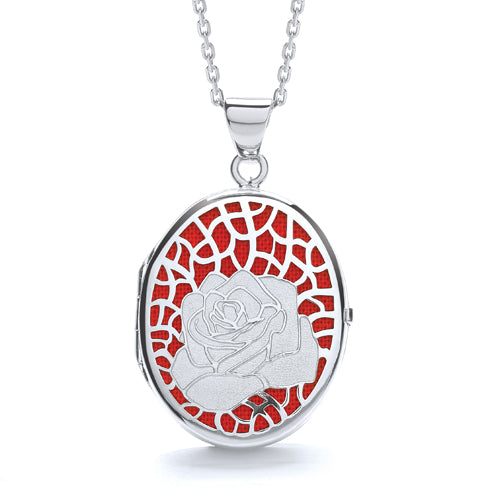 925 Sterling Silver Oval Rose on Red Background Locket J-Jaz