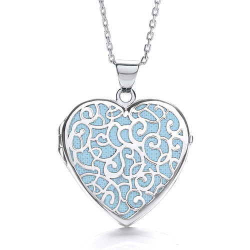 925 Sterling Silver Heart Shape Light Blue Background Fancy Locket J-Jaz