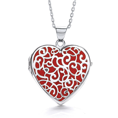 925 Sterling Silver Heart Shape Red Background Fancy Locket J-Jaz