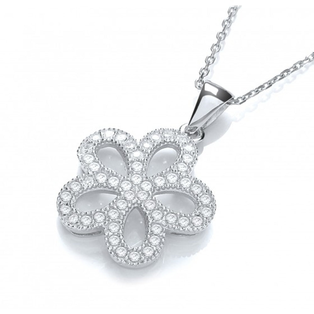 925 Sterling Silver Daisy Shape Cluster Cz Pendant with 18" Chain J-Jaz