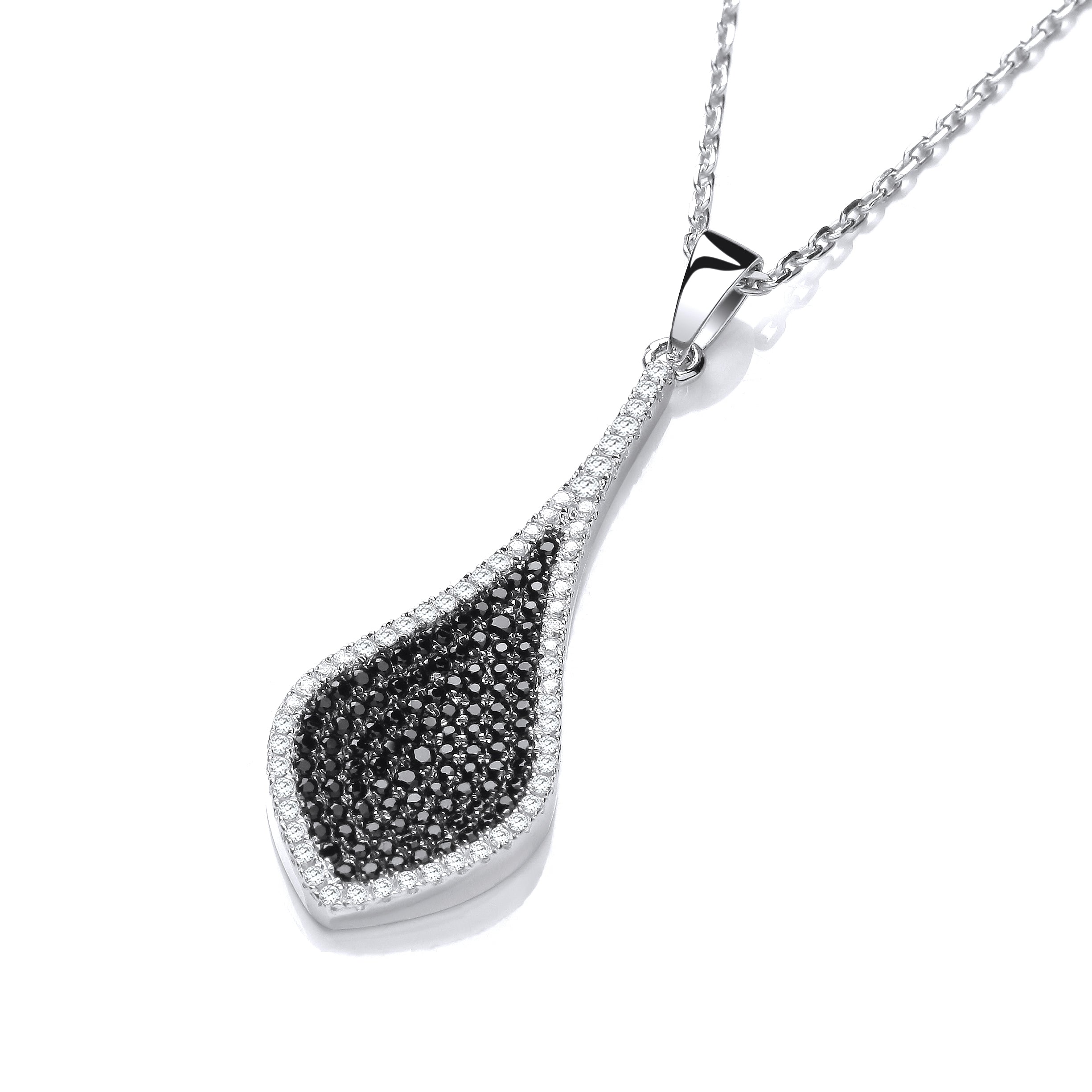925 Sterling Silver Micro Pave' Black & Clear Drop Pendant with 18" Chain J-Jaz