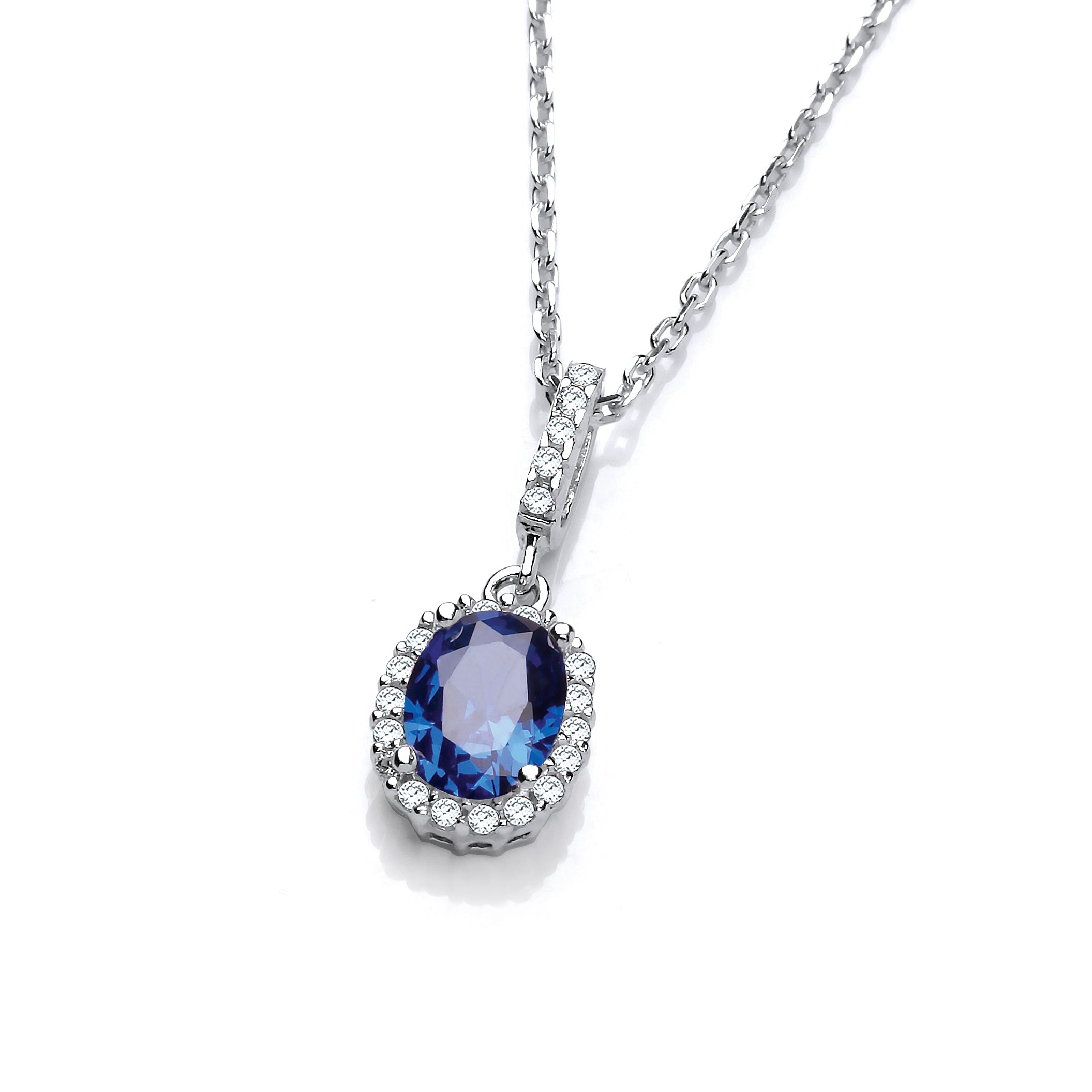 925 Sterling Silver Oval Blue CZ Drop Pendant with 18" Chain J-Jaz
