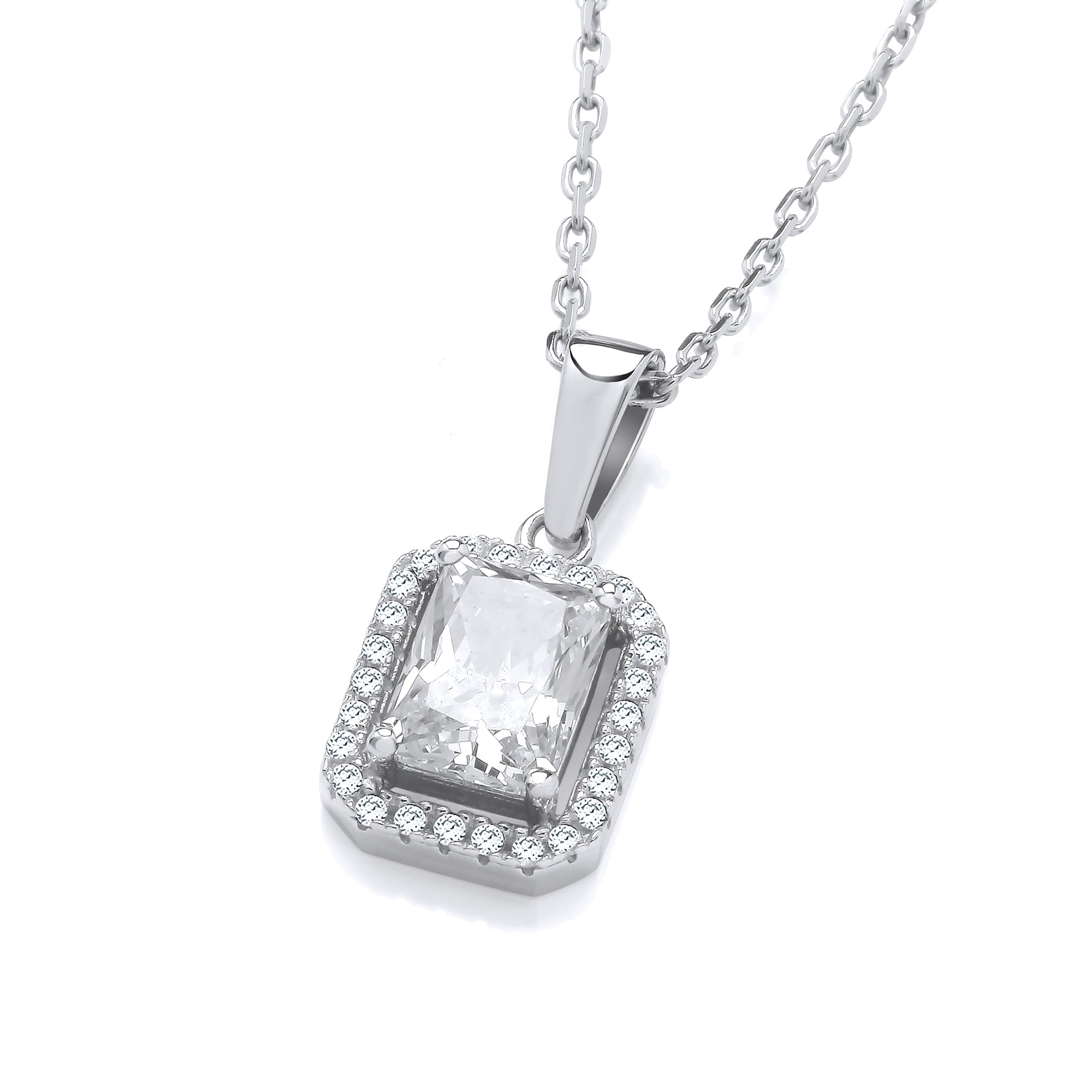 925 Sterling Silver Clear Cubic Zirconia Halo Stud Pendant with Chain J-Jaz