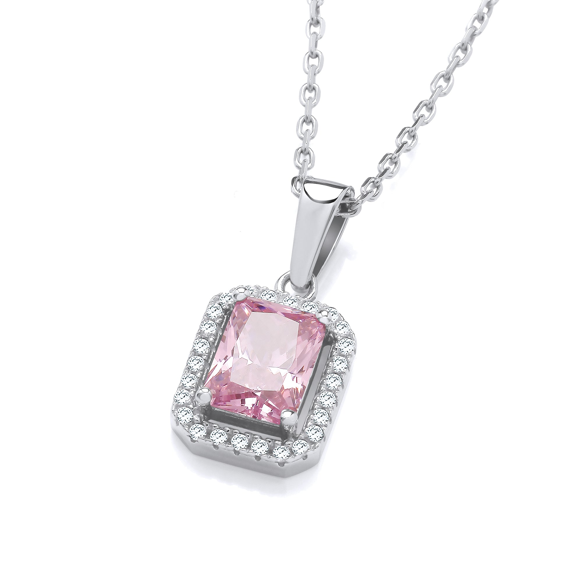 925 Sterling Silver Pink Cubic Zirconia Halo Emerald Cut Pendant with Chain J-Jaz