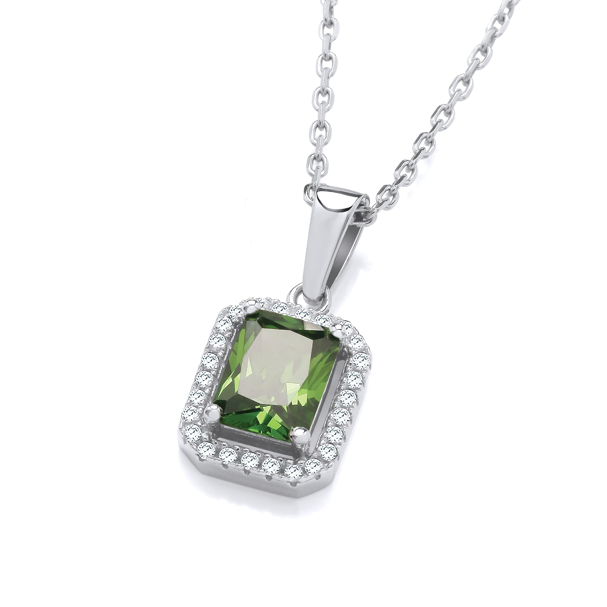 925 Sterling Silver Green Cubic Zirconia Halo Stud Pendant with Chain J-Jaz
