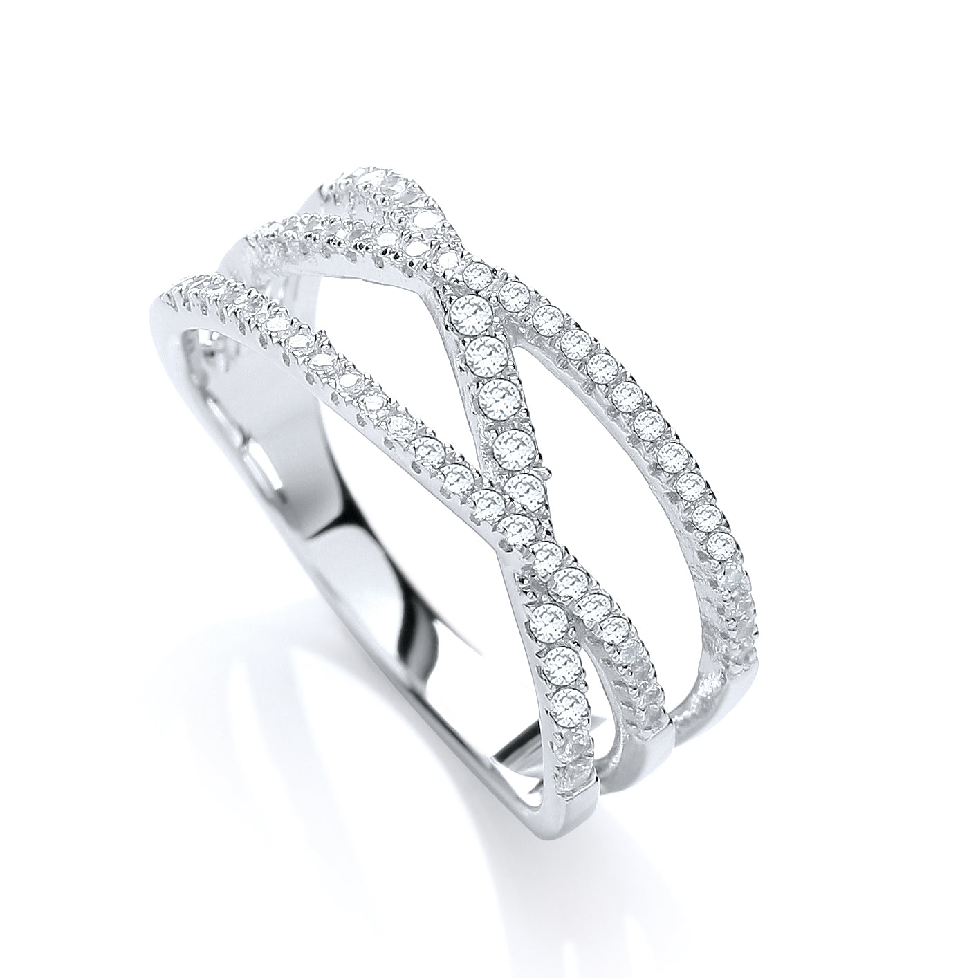925 Sterling Silver Micro Pave' 3 Row Cross Over with 61 Cz's Ring J-Jaz