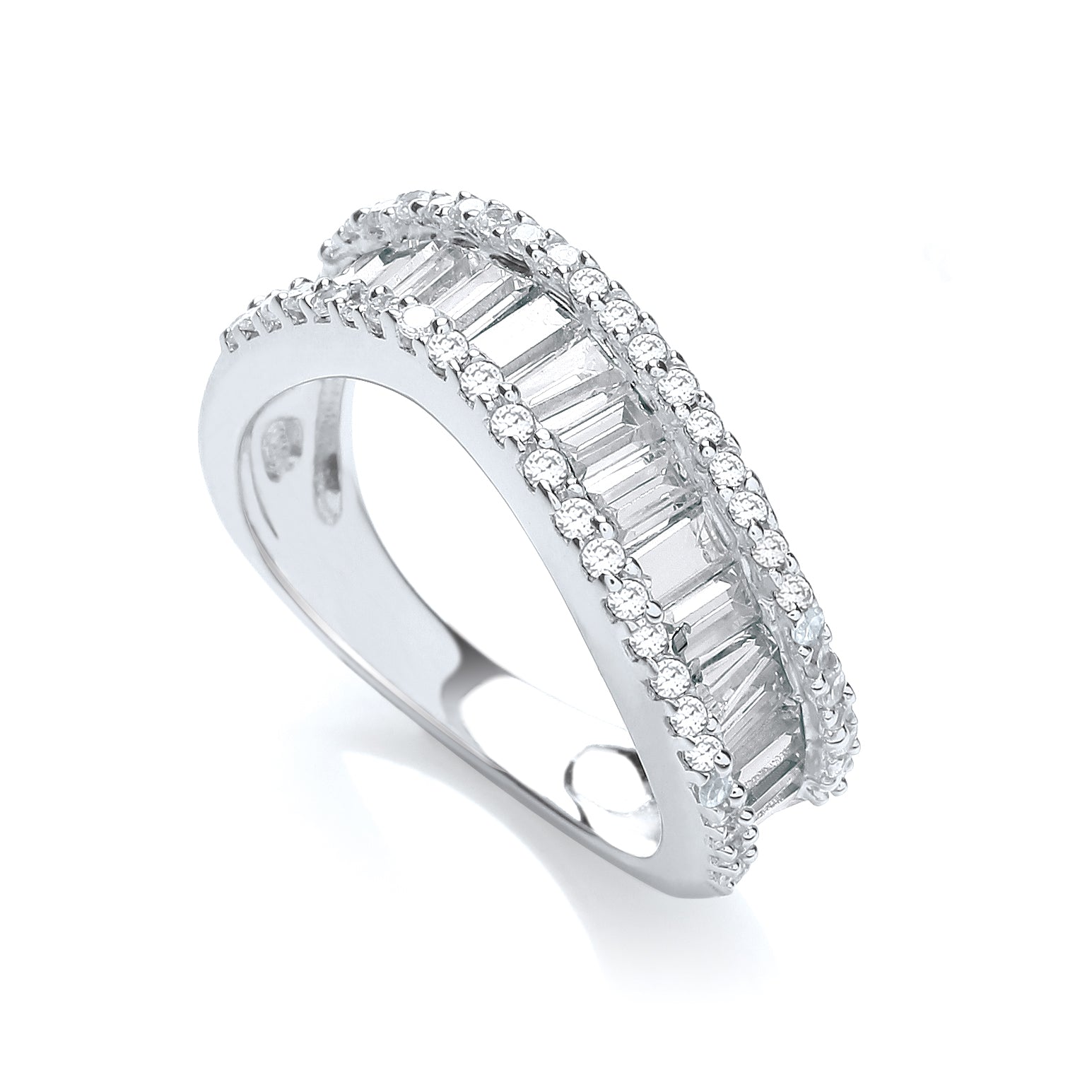 925 Sterling Silver Baguette with Round Cz Wave Ring J-Jaz