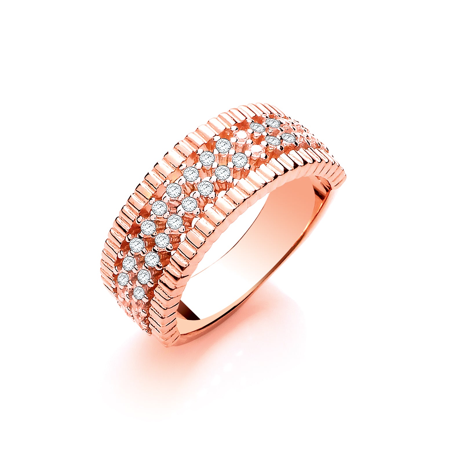 925 Sterling Silver Rose Coated Two Rows of Cz Ladies Ring J-Jaz