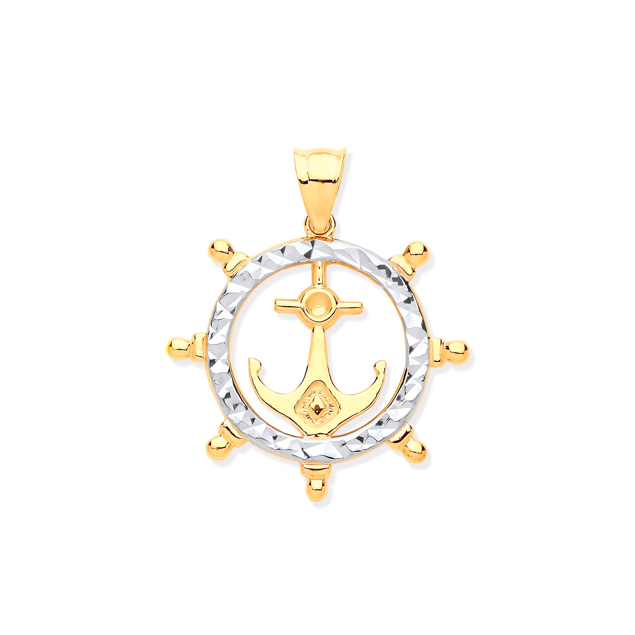 9ct Yellow & White Gold Anchor In Ship Wheel Pendant