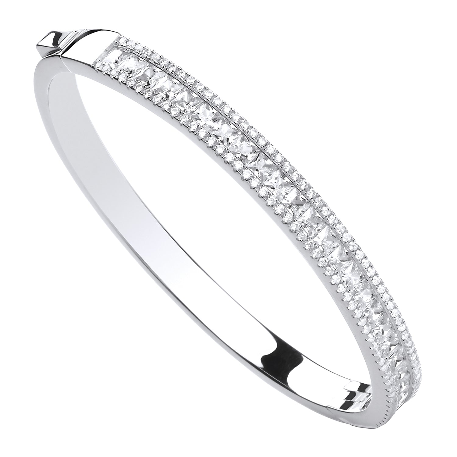 925 Sterling Silver Hinged Princess Cut & Round CZs Bangle