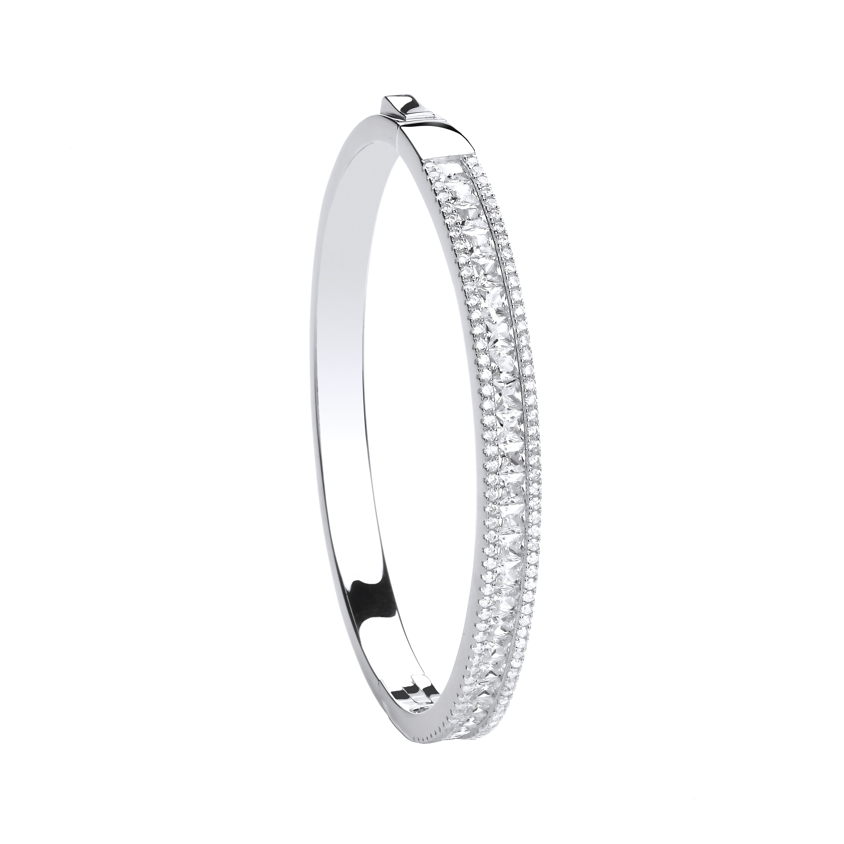 925 Sterling Silver Hinged Princess Cut & Round CZs Bangle